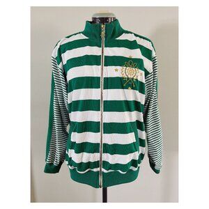 VTG C.A. Sport Sz S Nautical Zip Up Knit Jacket Green White Stripe Gold Crest